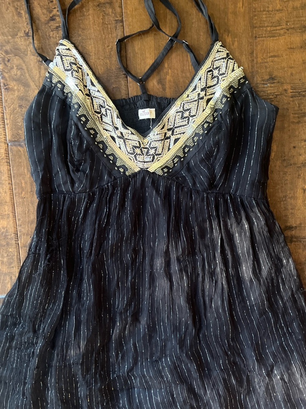 Vintage Y2K Hollister black rayon crinkle empire waist mini dress Sz.